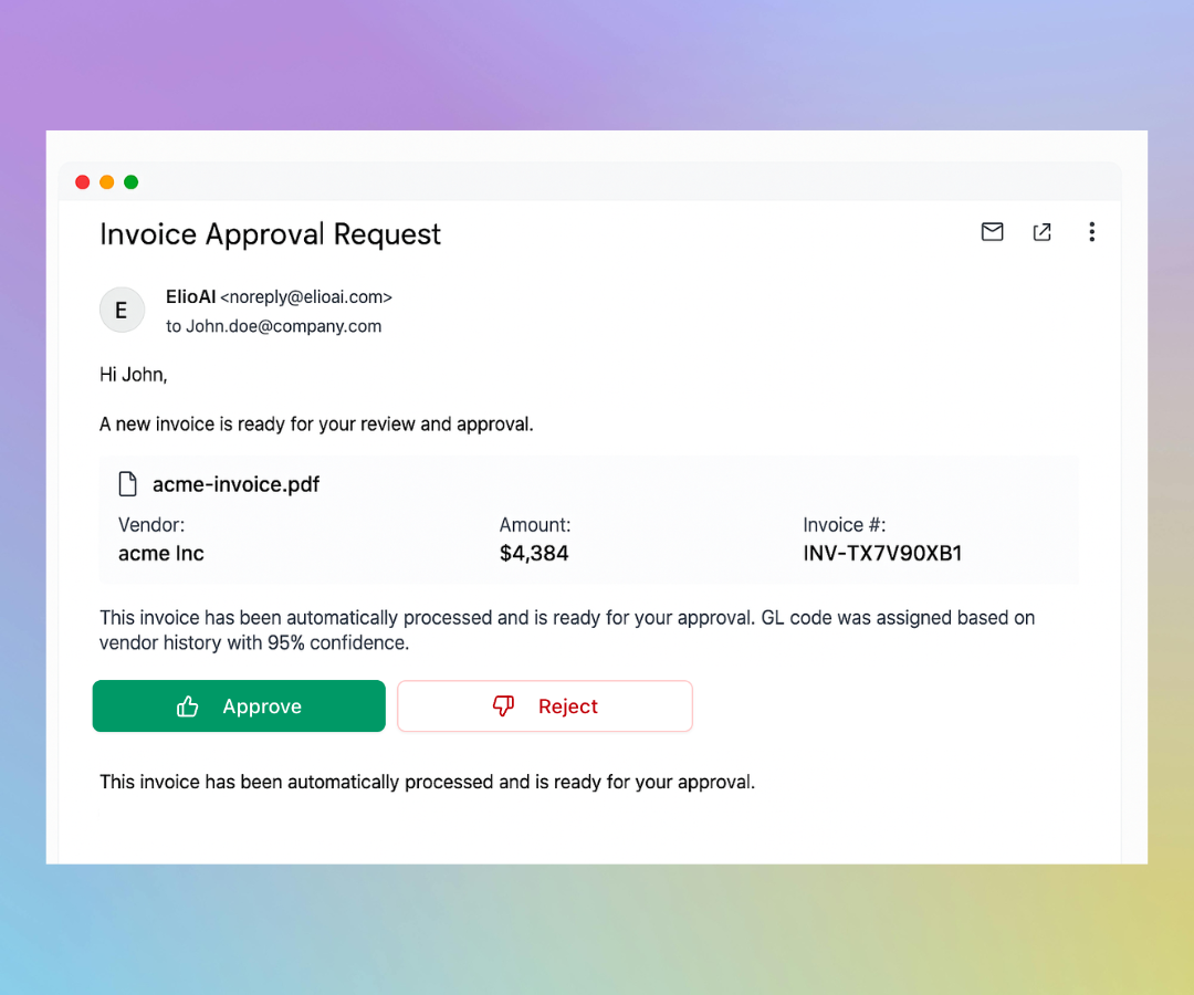 Invoice approval email showing automated processing and approval workflow